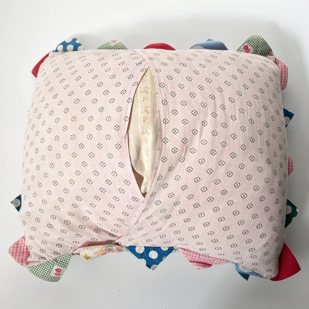 Vintage Handmade Patchwork Quilt Toss Pillow Multicolor Prairie Point Trim Folk